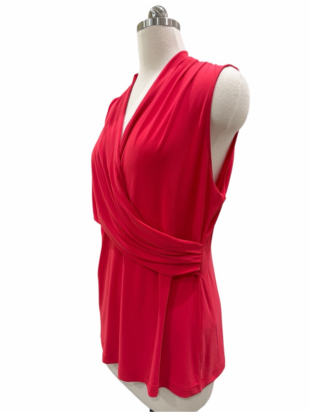 DKNY Sleeveless Surplice Faux Wrap Stretch V-Neck Draped Knit Top Red XL NEW - Picture 5 of 11